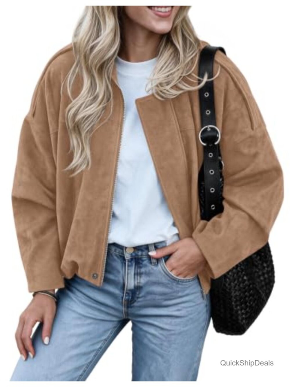 Faux Suede Cropped Bomber Jacket Western Zip Up Fall